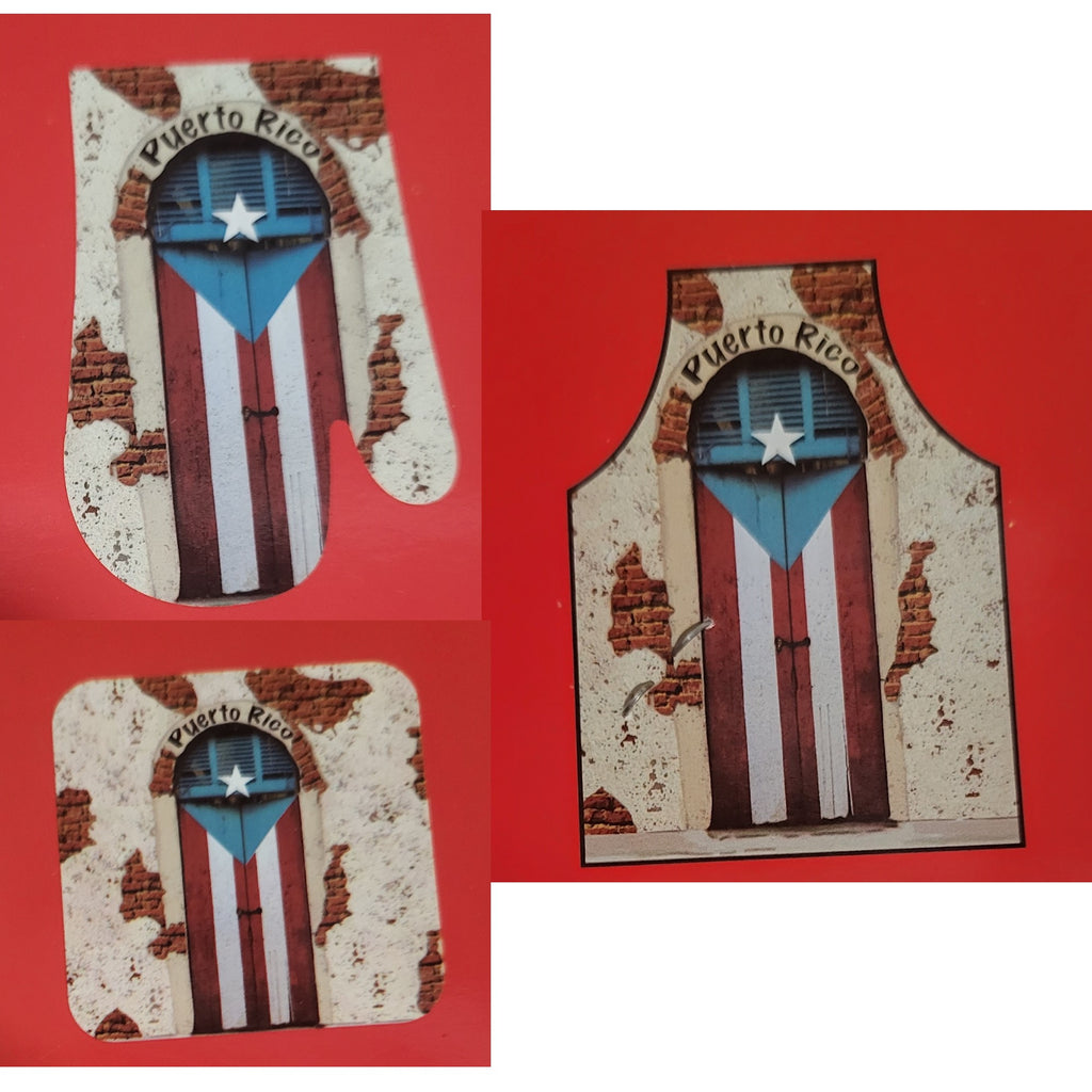 Apron, Hand and Square Cooking Mitt Combo, Puerto Rico Flag and Door